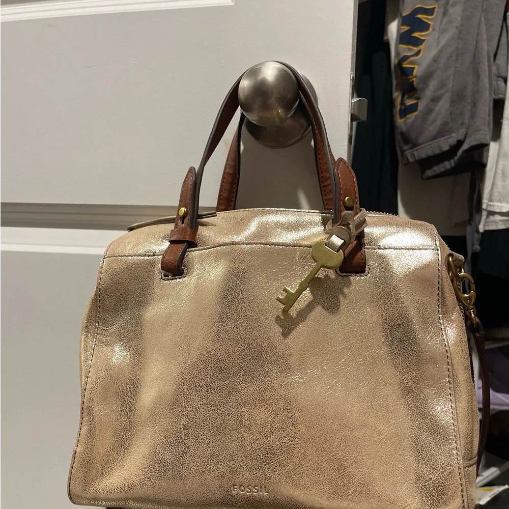 Fossil Metallic Gold Leather Satchel with Brown Handles